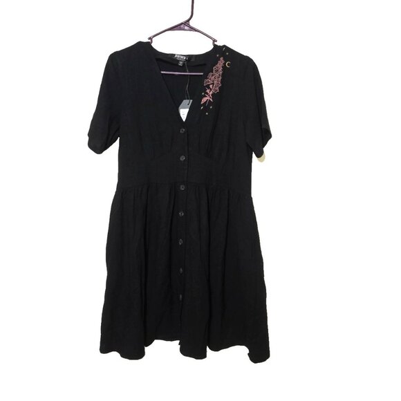 Disturbia Embroidered Foxglove V-neck Mini Dress 8 Whimsigoth Witch Black Gothic - Picture 2 of 16